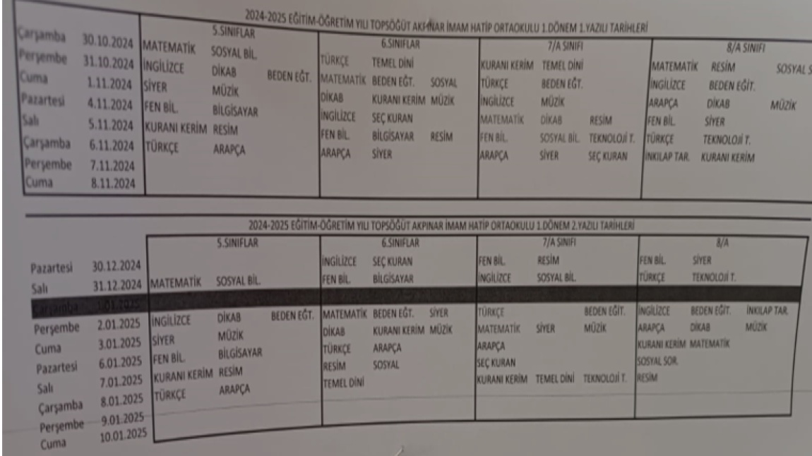 Okul Ortak Sınav Takvimi ve Konu Soru Dağılım Tablosu